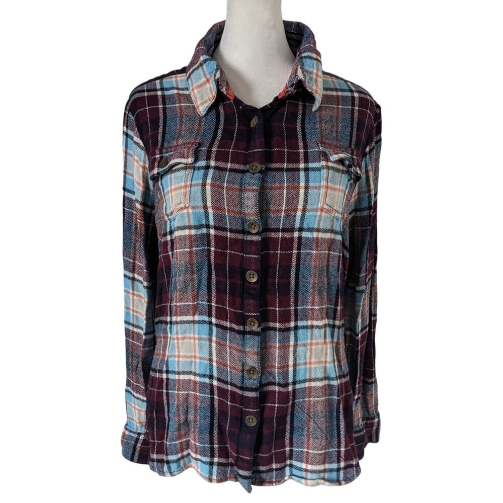 Aventura Knit Plaid Maroon Blue Knit Button Up XL